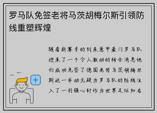 罗马队免签老将马茨胡梅尔斯引领防线重塑辉煌
